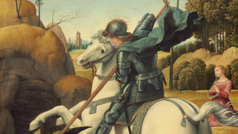 Painting of St George on horseback slaying the dragon