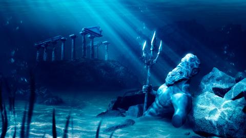 3D illustration of an underwater scene - including a Parthenon-style temple and a human statue - that is based on the lost city of Atlantis 